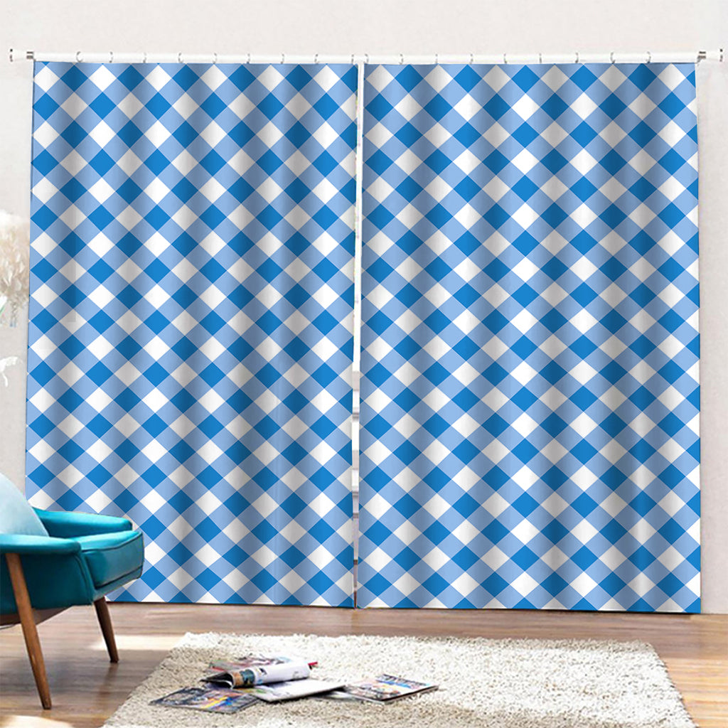Steel Blue And White Gingham Print Pencil Pleat Curtains