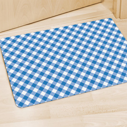 Steel Blue And White Gingham Print Polyester Doormat