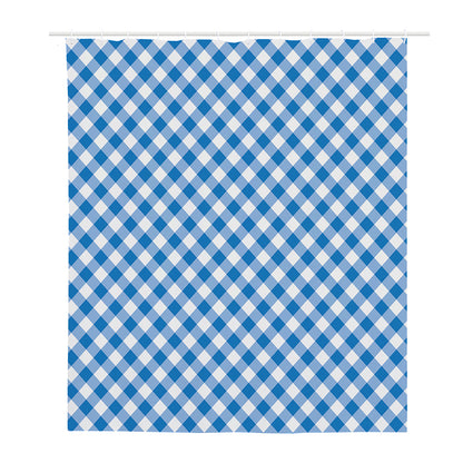 Steel Blue And White Gingham Print Polyester Shower Curtain