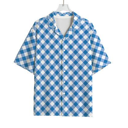 Steel Blue And White Gingham Print Rayon Hawaiian Shirt