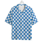 Steel Blue And White Gingham Print Rayon Hawaiian Shirt