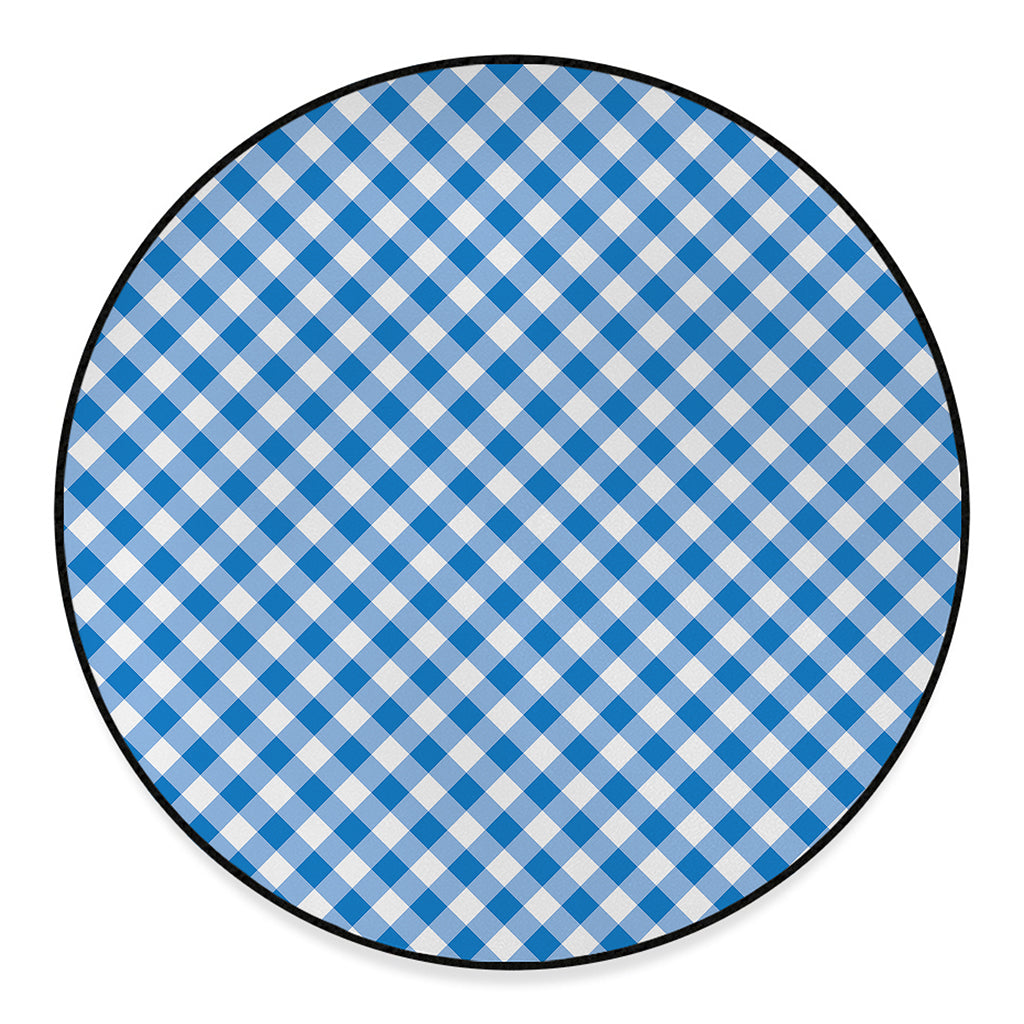 Steel Blue And White Gingham Print Round Floor Mat