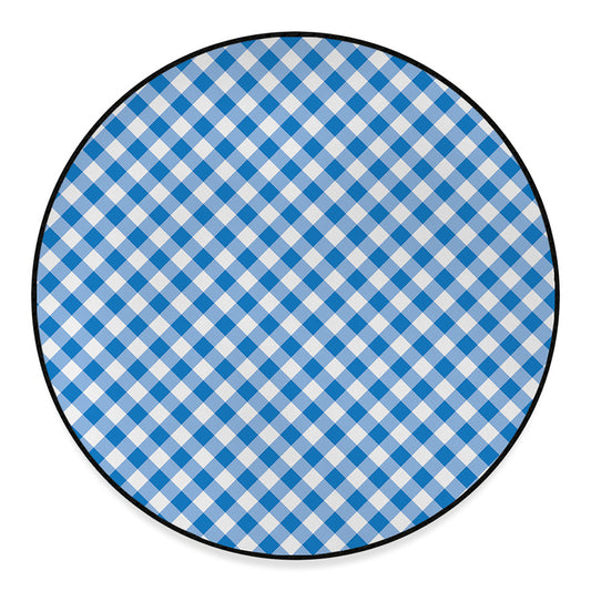 Steel Blue And White Gingham Print Round Floor Mat