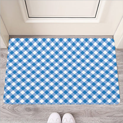 Steel Blue And White Gingham Print Rubber Doormat