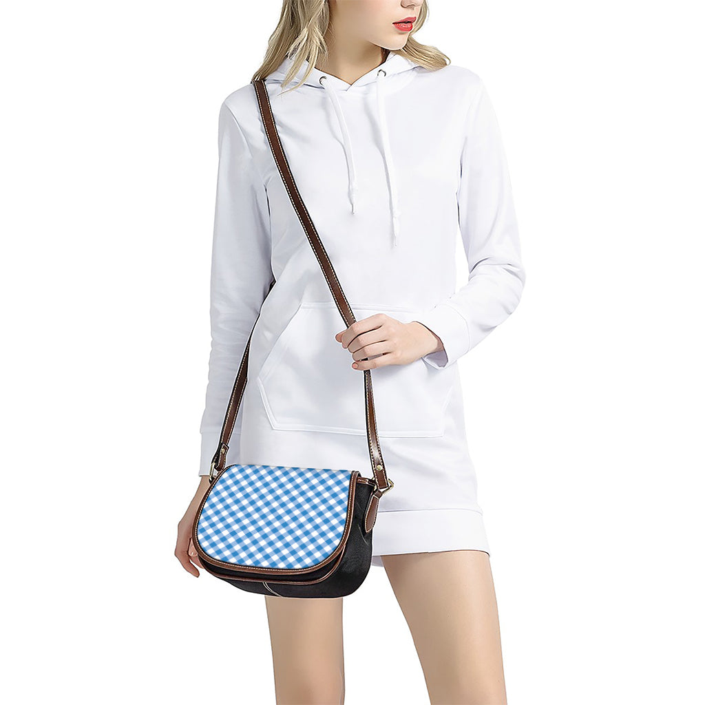 Steel Blue And White Gingham Print Saddle Bag