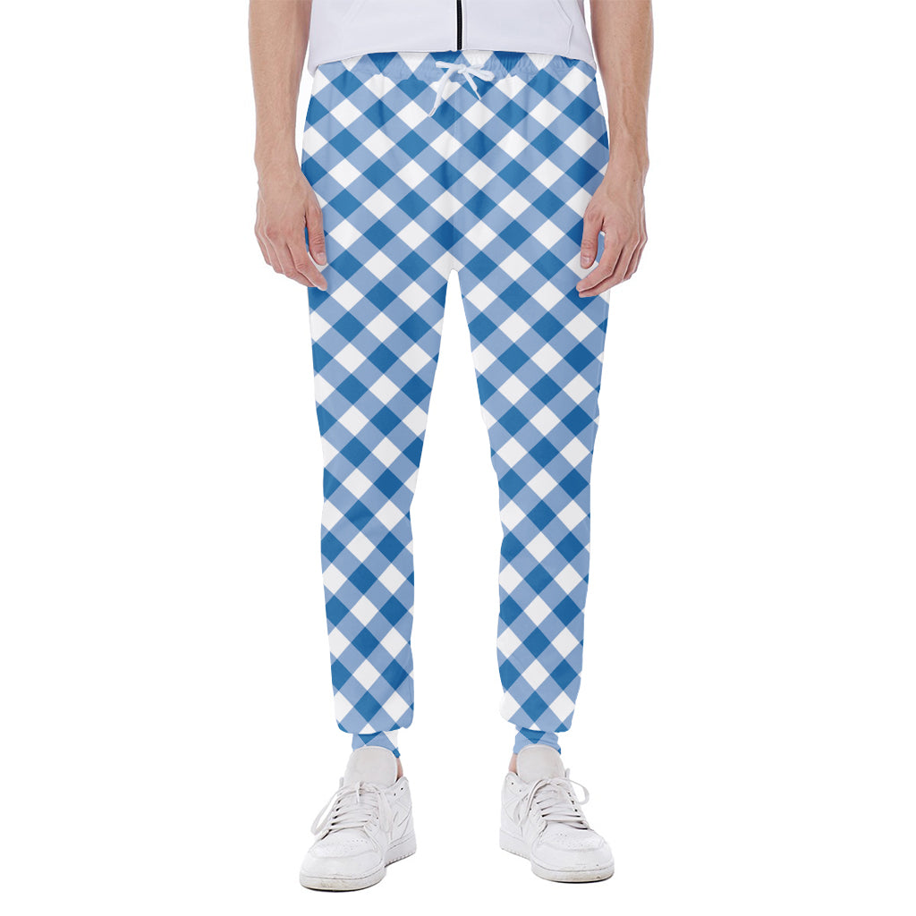 Steel Blue And White Gingham Print Scuba Joggers
