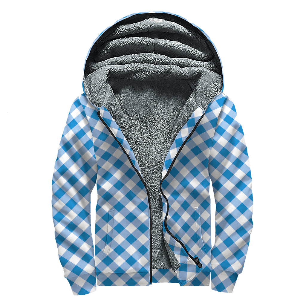 Steel Blue And White Gingham Print Sherpa Lined Zip Up Hoodie