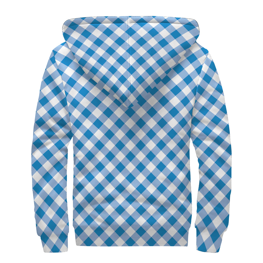 Steel Blue And White Gingham Print Sherpa Lined Zip Up Hoodie