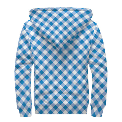 Steel Blue And White Gingham Print Sherpa Lined Zip Up Hoodie