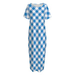 Steel Blue And White Gingham Print Short Sleeve Long Nightdress