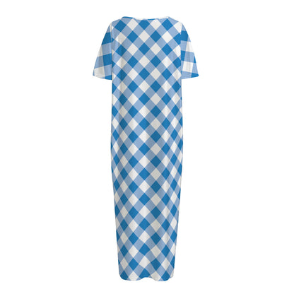 Steel Blue And White Gingham Print Short Sleeve Long Nightdress