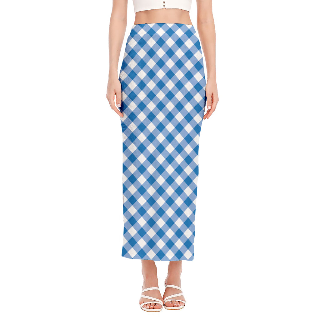 Steel Blue And White Gingham Print Side Slit Maxi Skirt