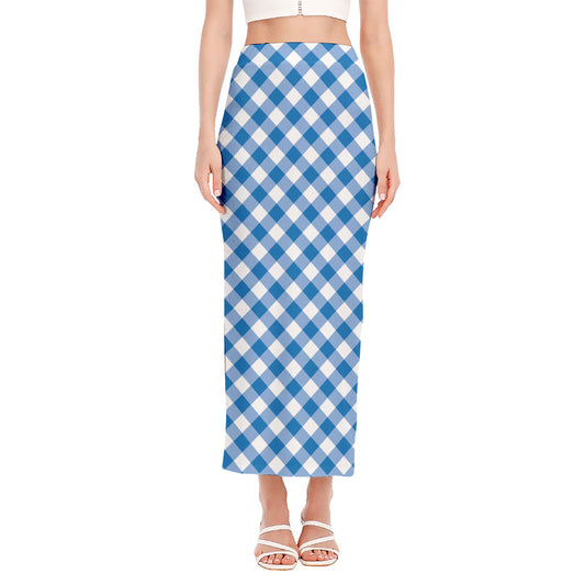 Steel Blue And White Gingham Print Side Slit Maxi Skirt