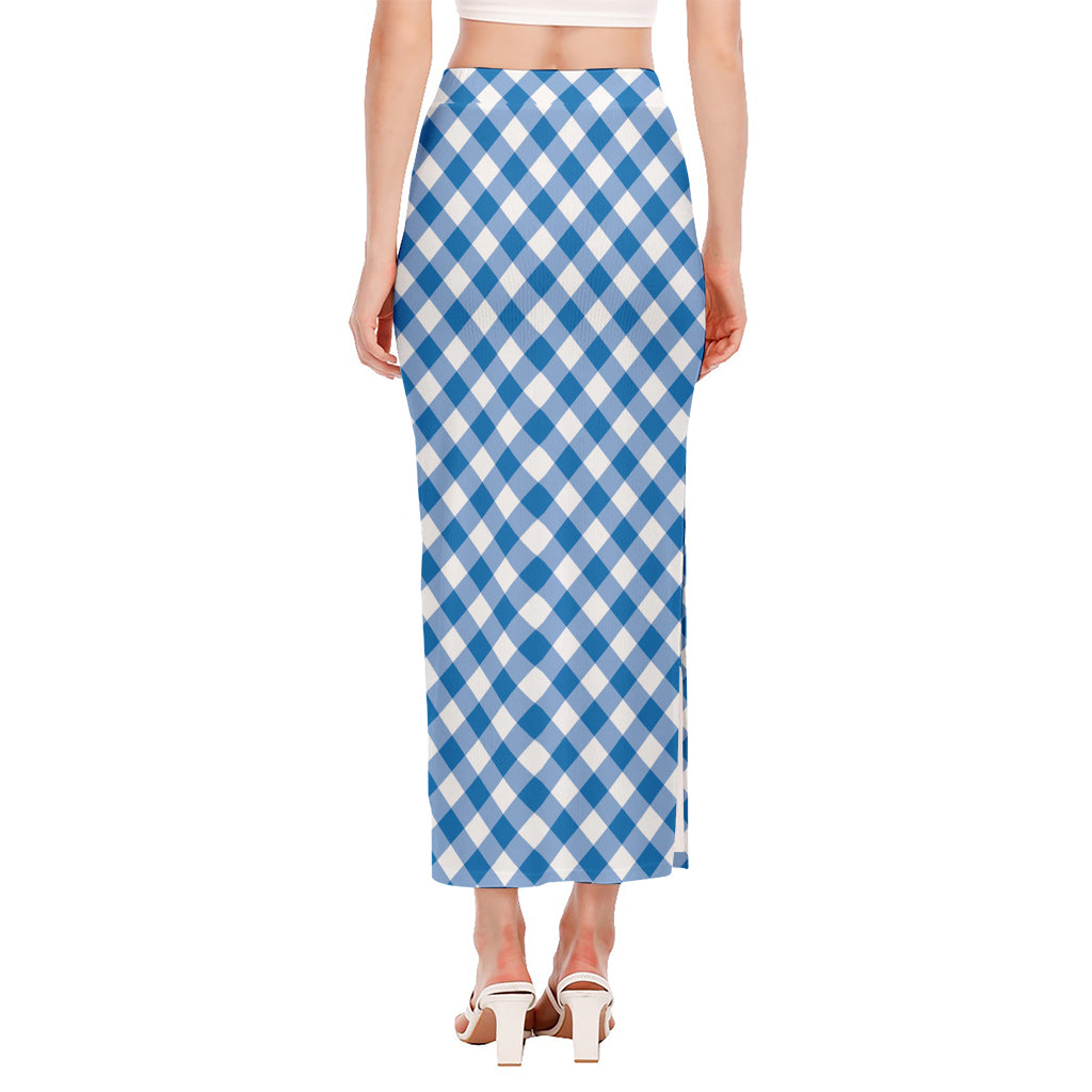 Steel Blue And White Gingham Print Side Slit Maxi Skirt
