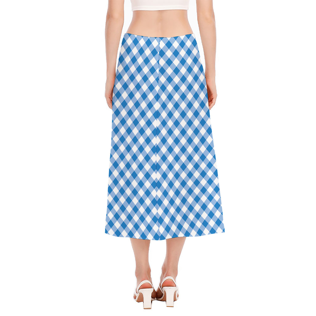 Steel Blue And White Gingham Print Side Slit Midi Skirt