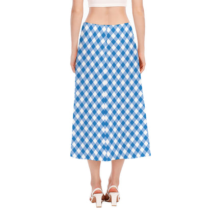 Steel Blue And White Gingham Print Side Slit Midi Skirt