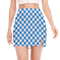 Steel Blue And White Gingham Print Side Slit Mini Skirt