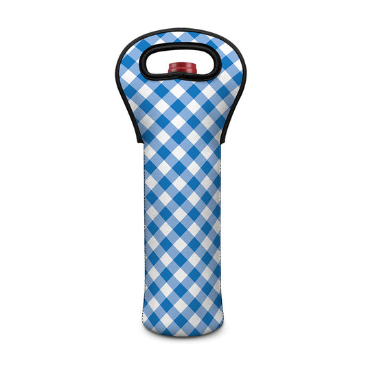 Steel Blue And White Gingham Print Single Neoprene Wine Tote