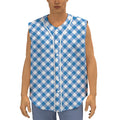 Steel Blue And White Gingham Print Sleeveless Baseball Jersey