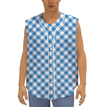 Steel Blue And White Gingham Print Sleeveless Baseball Jersey