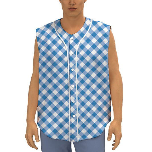 Steel Blue And White Gingham Print Sleeveless Baseball Jersey