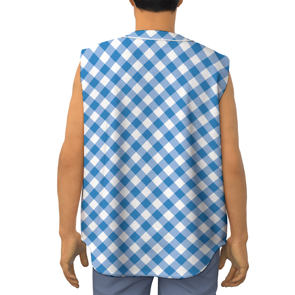 Steel Blue And White Gingham Print Sleeveless Baseball Jersey