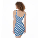 Steel Blue And White Gingham Print Sleeveless Bodycon Dress