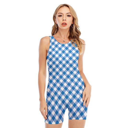 Steel Blue And White Gingham Print Sleeveless One Piece Swimsuit