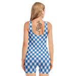 Steel Blue And White Gingham Print Sleeveless One Piece Swimsuit