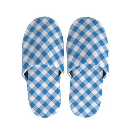 Steel Blue And White Gingham Print Slippers