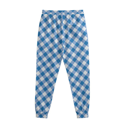 Steel Blue And White Gingham Print Sweatpants