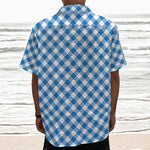 Steel Blue And White Gingham Print Textured Short Sleeve Shirt