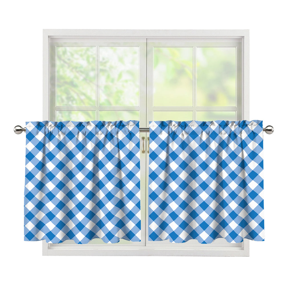 Steel Blue And White Gingham Print Tier Curtains