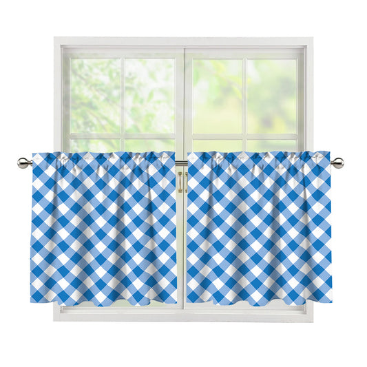 Steel Blue And White Gingham Print Tier Curtains