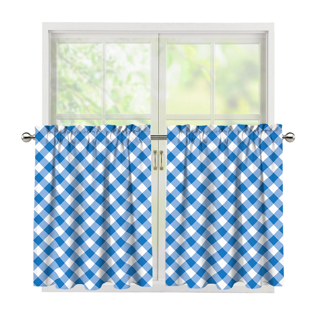 Steel Blue And White Gingham Print Tier Curtains
