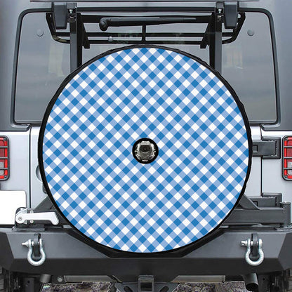 Steel Blue And White Gingham Print Tire Cover With Camera Hole