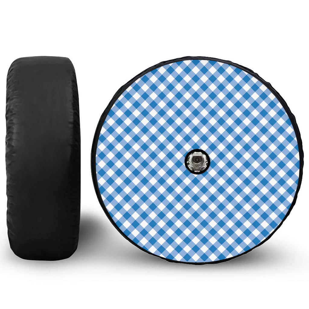 Steel Blue And White Gingham Print Tire Cover With Camera Hole