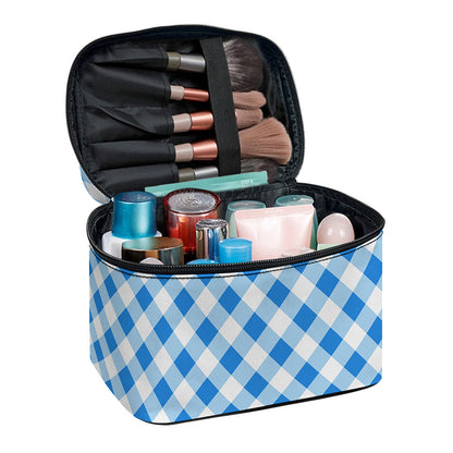 Steel Blue And White Gingham Print Travel Makeup Bag