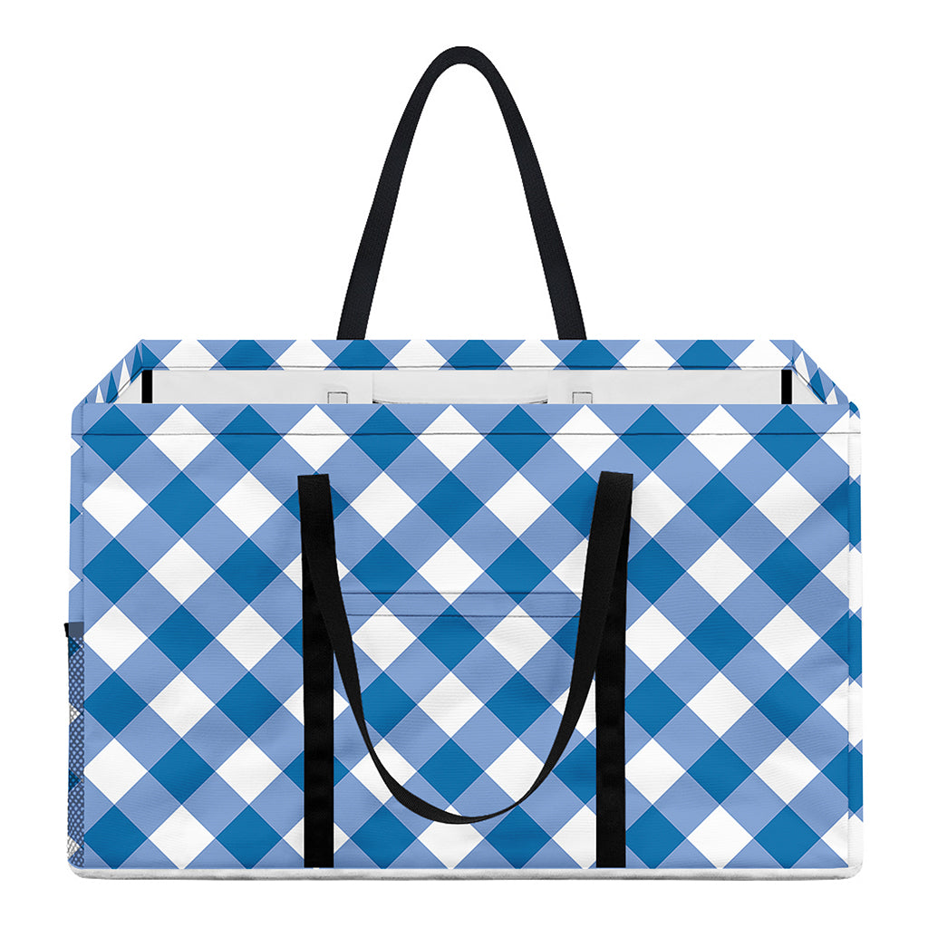 Steel Blue And White Gingham Print Utility Tote Bag