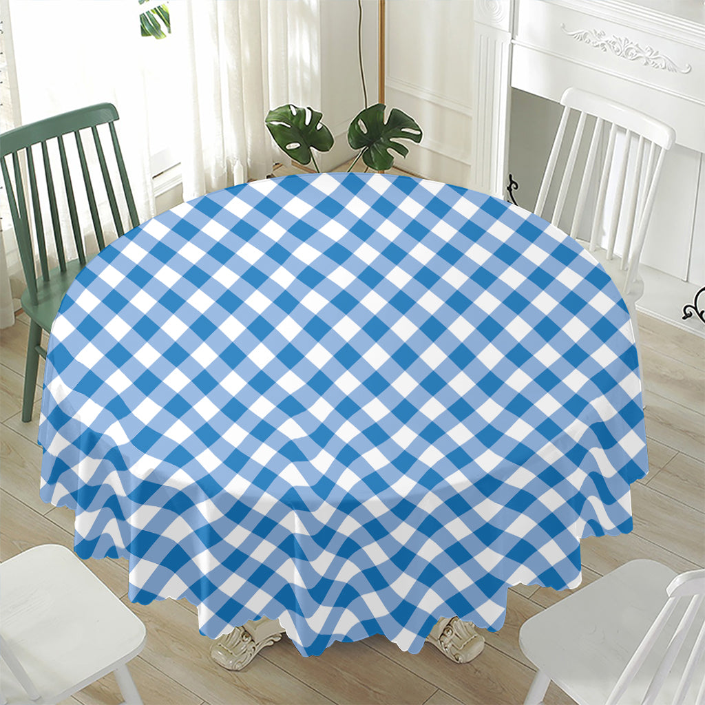 Steel Blue And White Gingham Print Waterproof Round Tablecloth