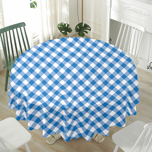 Steel Blue And White Gingham Print Waterproof Round Tablecloth