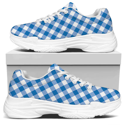 Steel Blue And White Gingham Print White Chunky Shoes