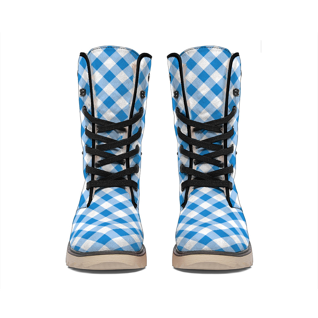 Steel Blue And White Gingham Print Winter Boots