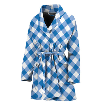 Steel Blue And White Gingham Print Women's Bathrobe