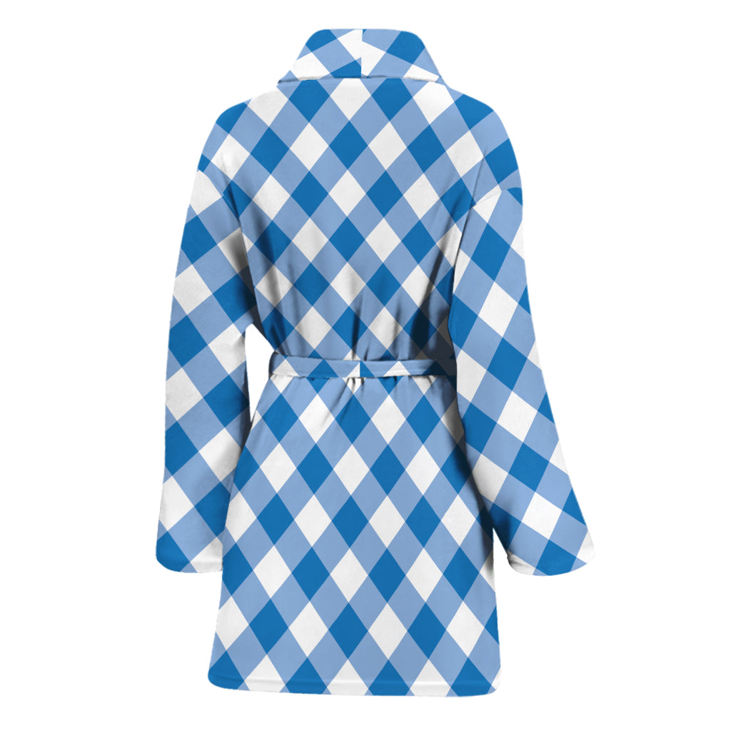 Steel Blue And White Gingham Print Women's Bathrobe