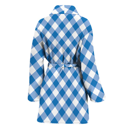 Steel Blue And White Gingham Print Women's Bathrobe