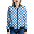 Steel Blue And White Gingham Print Women's Bomber Jacket