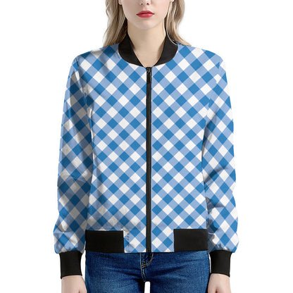 Steel Blue And White Gingham Print Women's Bomber Jacket