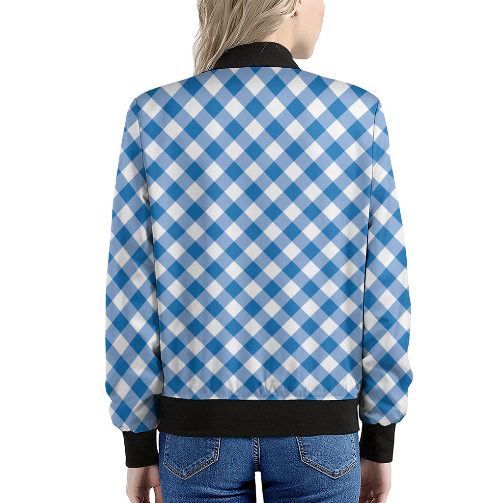 Steel Blue And White Gingham Print Women's Bomber Jacket