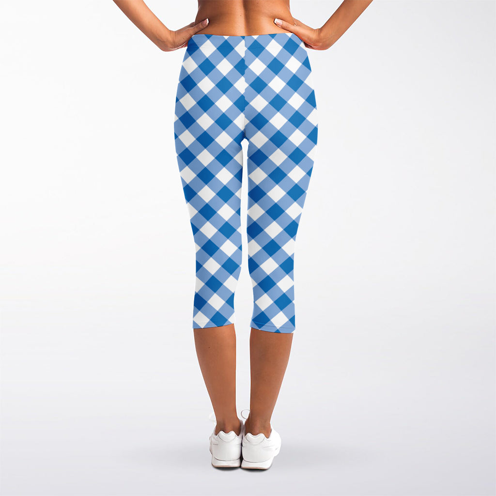 Steel Blue And White Gingham Print Women's Capri Leggings